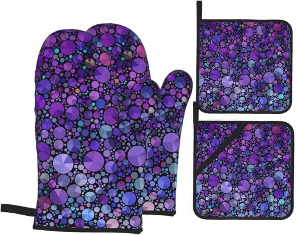 Purple Circles Oven Mitts and Pot Holders Set