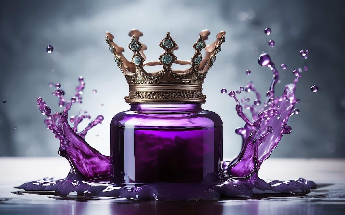 AI Close-up of a purple bottle with a royal crown lid dropped onto purple dye that splashes from the base