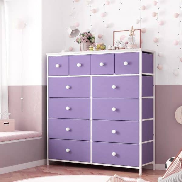 EnHomee Purple Dresser for Bedroom with 12 Fabric Drawers Chest of Drawers for Bedroom, Closet, Linging Room, Hallway, Wooden Top & Sturdy Frame, Purple