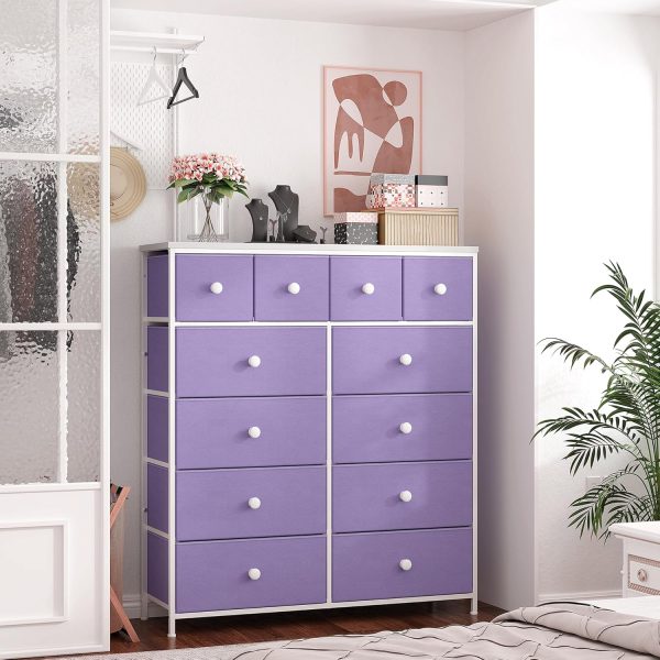 EnHomee Purple Dresser for Bedroom with 12 Fabric Drawers Chest of Drawers for Bedroom, Closet, Linging Room, Hallway, Wooden Top & Sturdy Frame, Purple