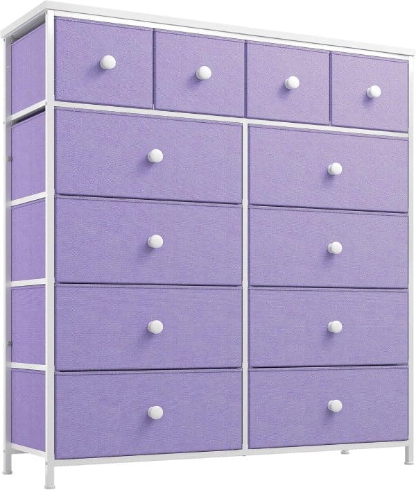 EnHomee Purple Dresser for Bedroom with 12 Fabric Drawers Chest of Drawers for Bedroom, Closet, Linging Room, Hallway, Wooden Top & Sturdy Frame, Purple