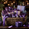 A wicker basket with small gifts wrapped in purple and gold paper and ribbons