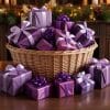 Wrapped holiday gifts in a basket on a table