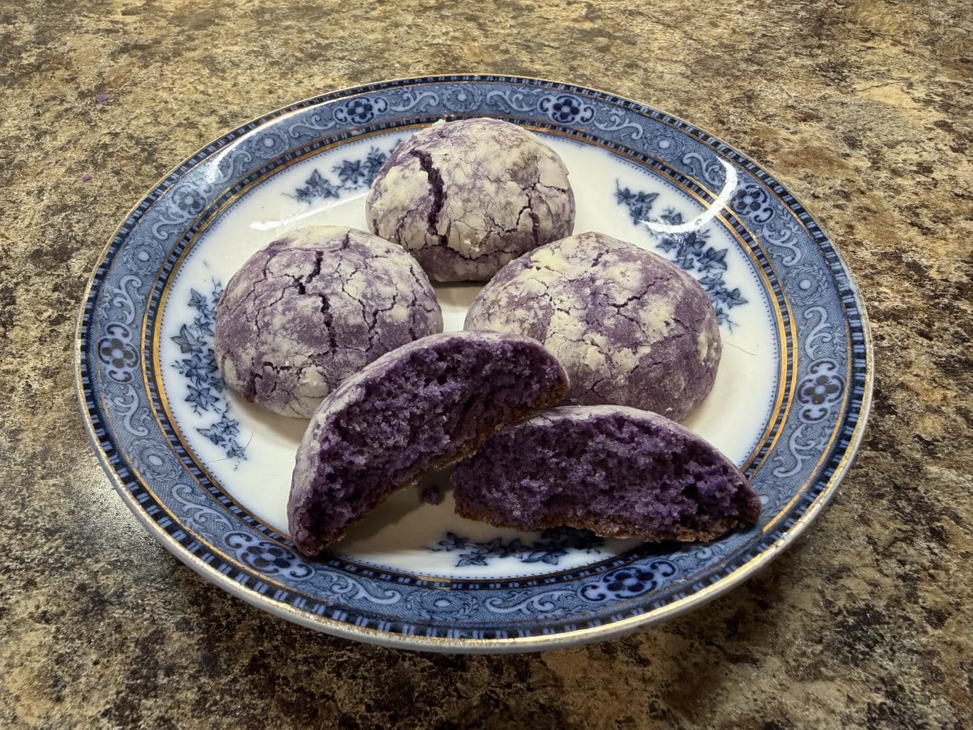 Ube Cookies on Blue and Gold Plate